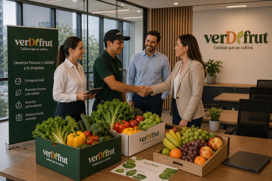 Reunión en una oficina con cajas de fruta y verdura de VERDFRUT sobre la mesa