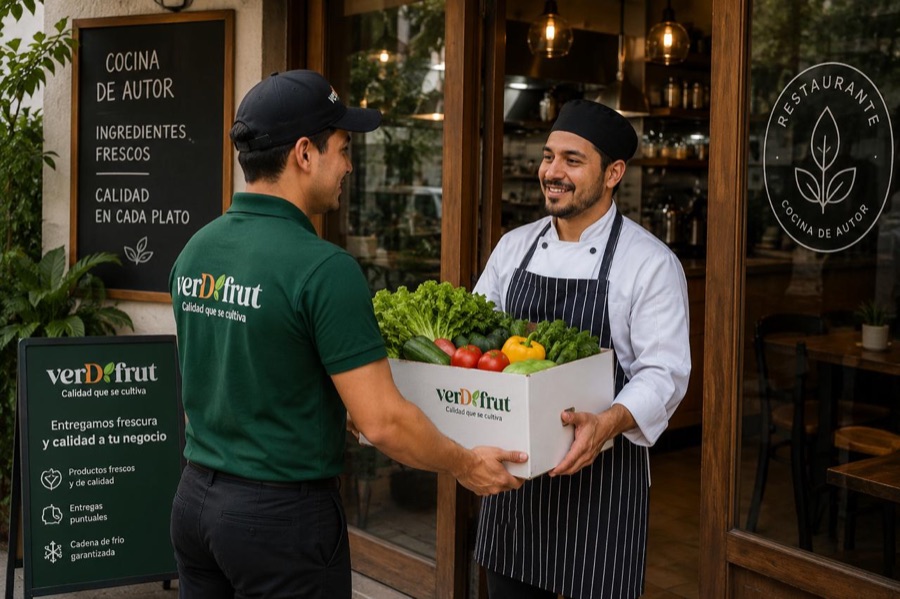 Repartidor de VERDFRUT entregando una caja de verduras a un chef en la puerta de un restaurante