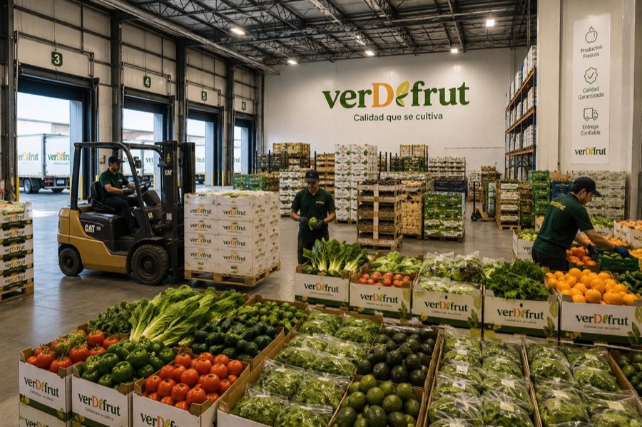 Piso de exhibición con frutas y verduras surtidas en un centro de distribución VERDFRUT