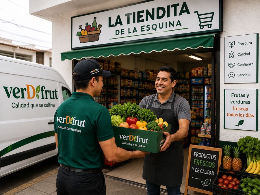 Repartidor de VERDFRUT entregando una caja de fruta y verdura al dueño de una tienda de la esquina