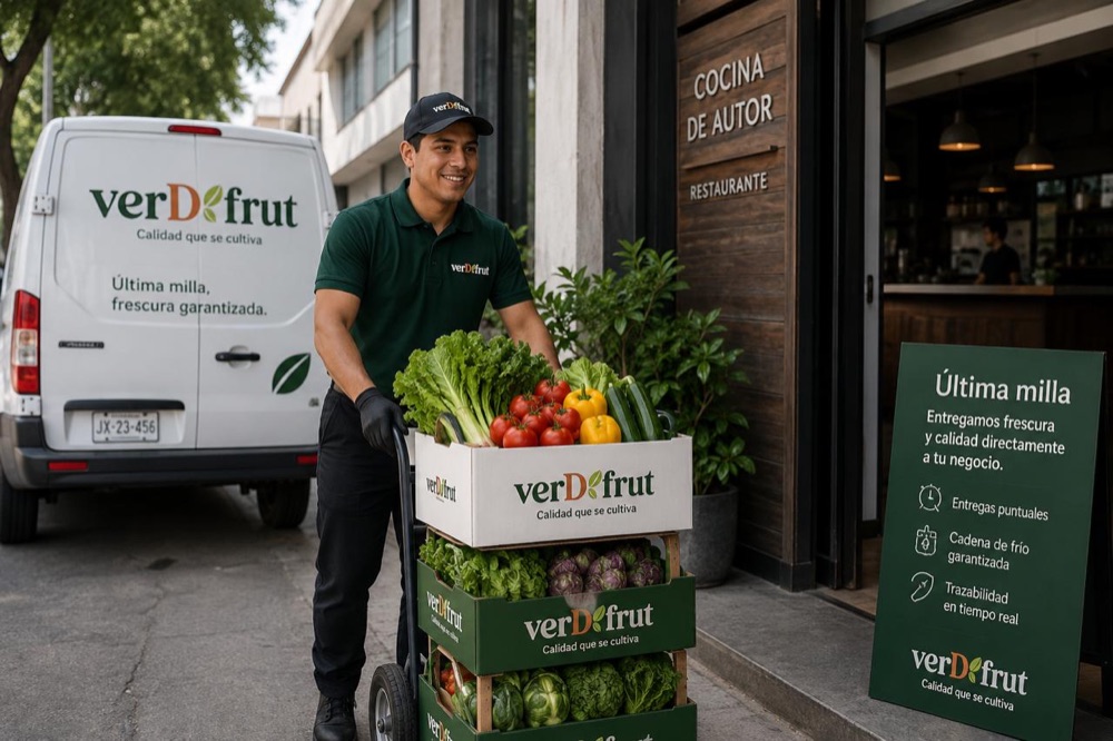 Repartidor de VERDFRUT descargando una caja de fruta y verdura de la camioneta