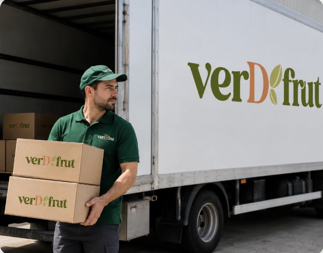 Repartidor de VERDFRUT cargando cajas de fruta y verdura junto al camión de reparto