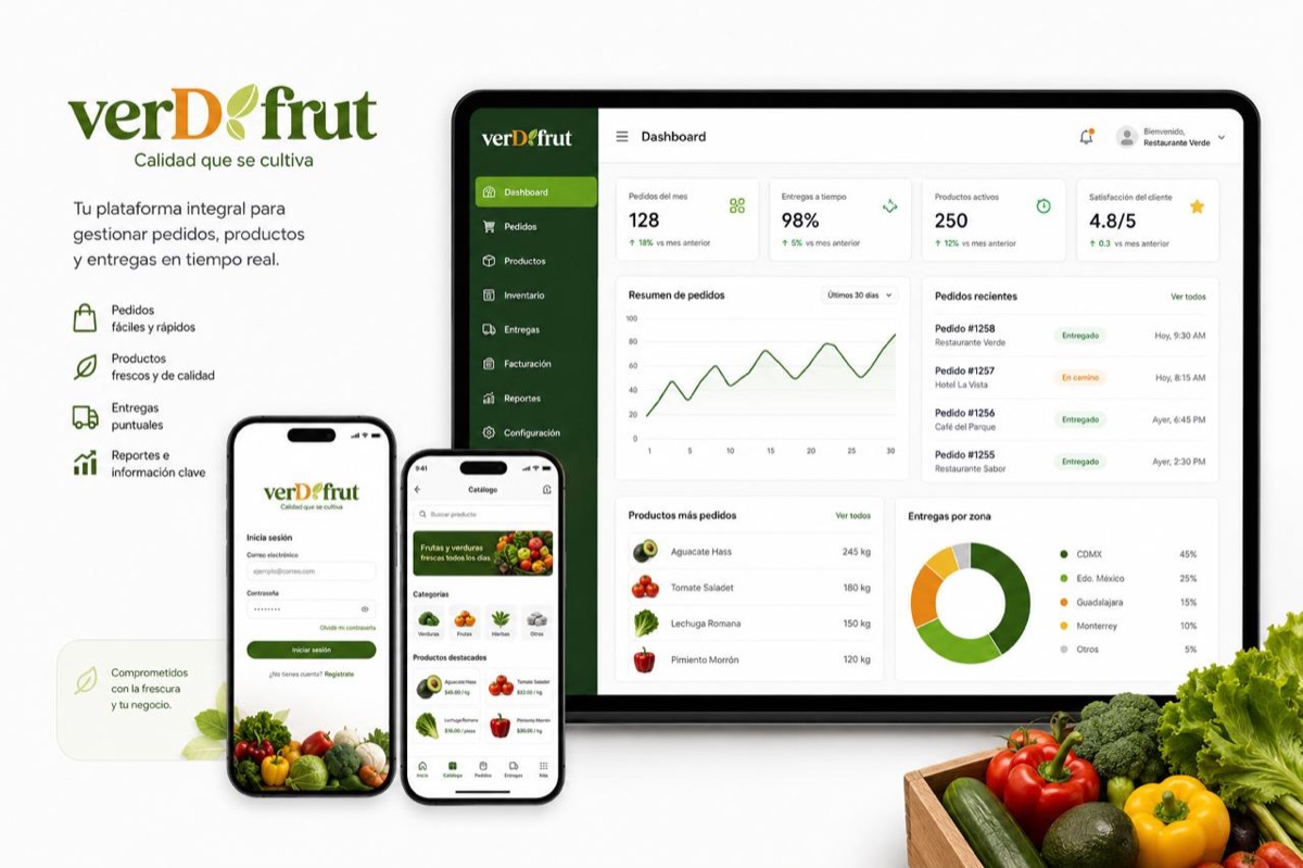 Dashboard web de VERDFRUT en una laptop junto a las apps móviles, mostrando pedidos, entregas a tiempo y productos activos